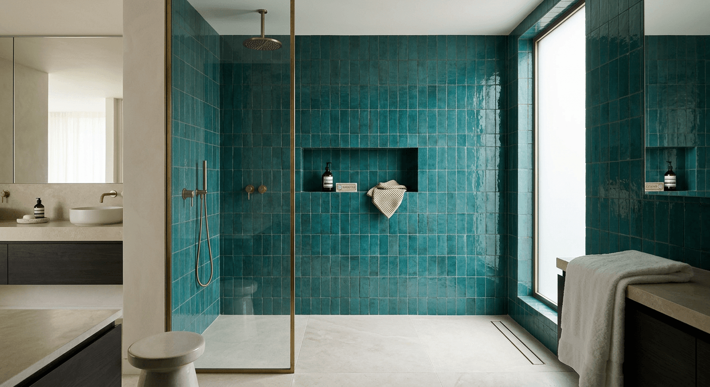 Luxurious teal tiled walk-in shower with a built-in niche shelf
