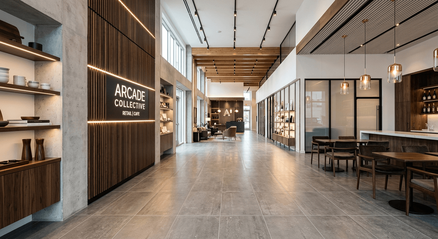 Modern commercial fit-out with tiled flooring and a feature wall