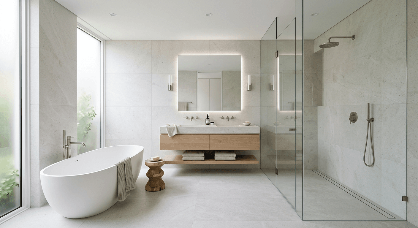 Pale large-format stone tiled bathroom with a walk-in shower
