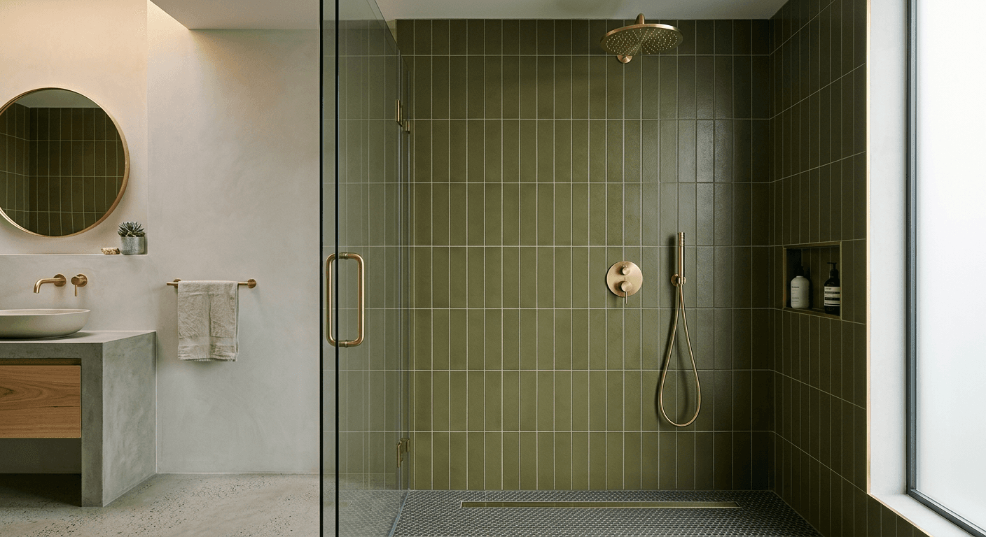 Olive green vertical tile shower with brushed brass fixtures