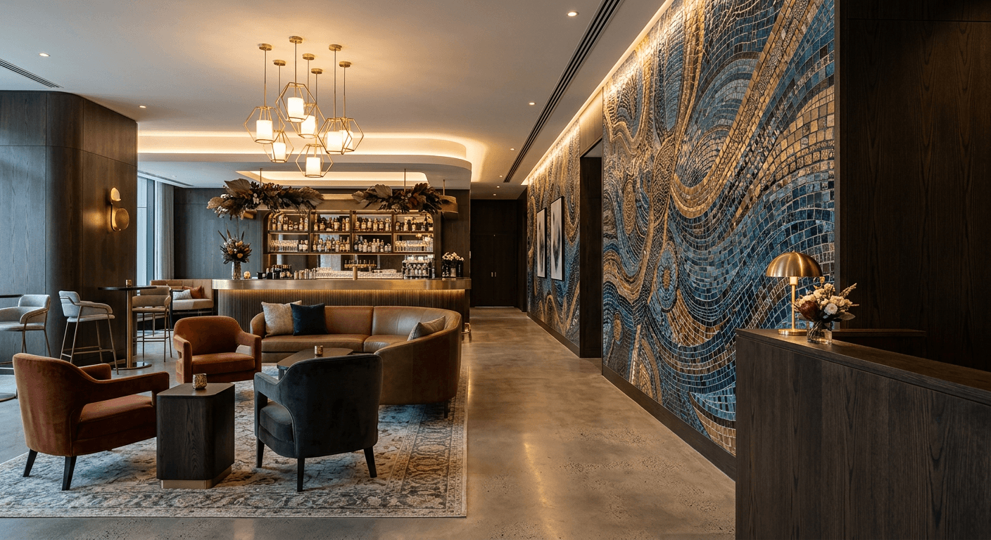 Commercial hospitality fit-out with mosaic tiled feature wall