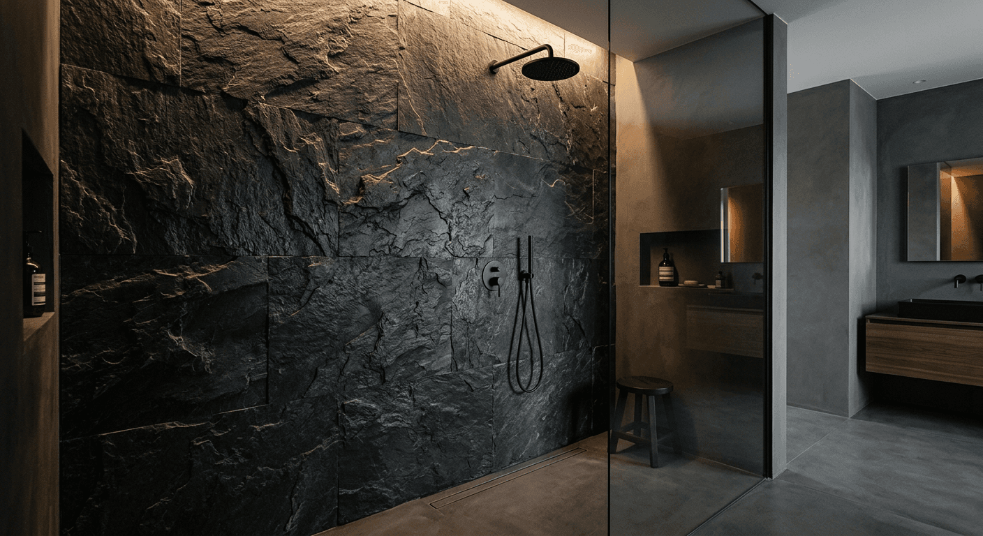 Dark natural stone feature wall in a modern shower