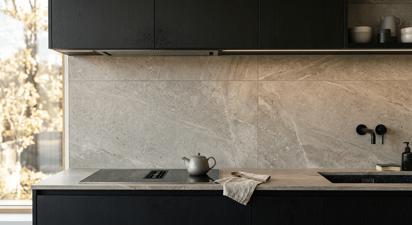 Large-format stone-look kitchen splashback tiling